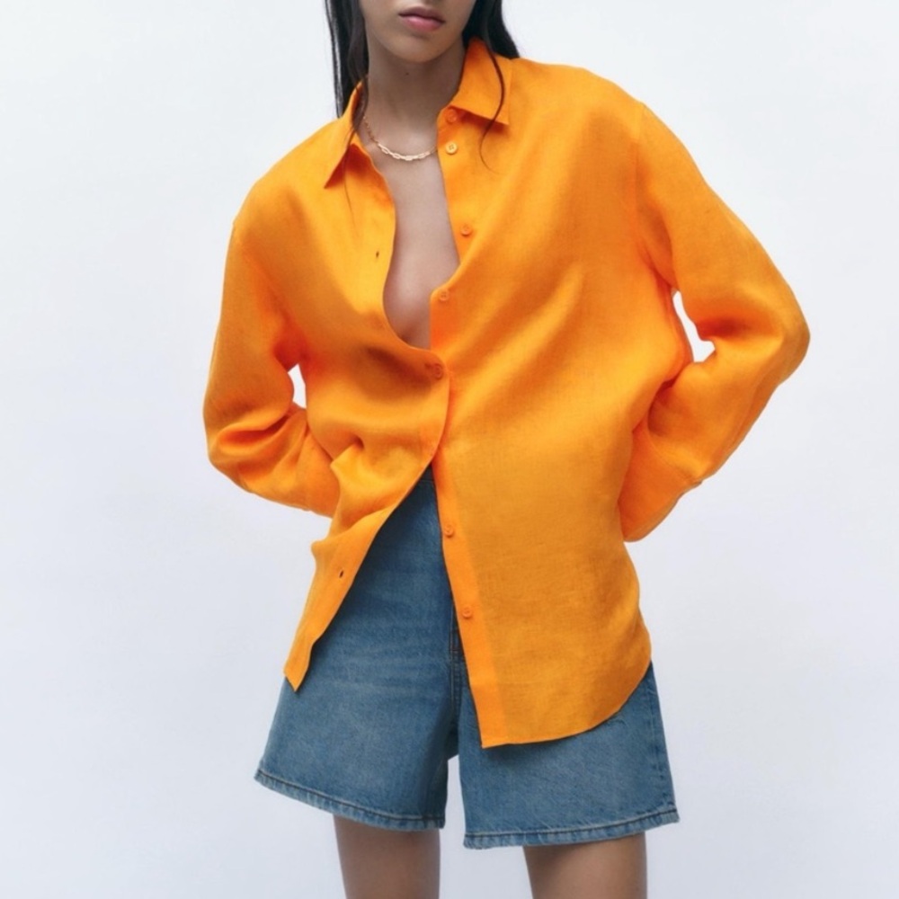 Zara linen oversized Orange Button-Up Shirt